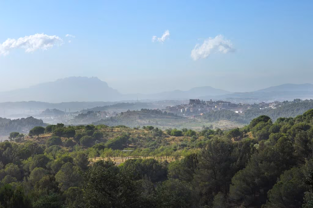 Pine-covered hills with a village and Montserrat mountain in the distance
